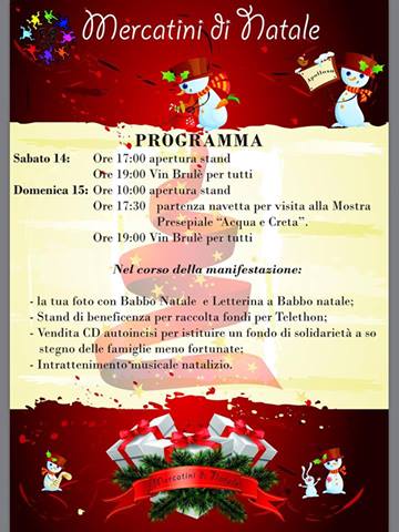 Sabato 14 e Domenica 15 Dicembre Vi aspettiamo ai Mercatini di Natale