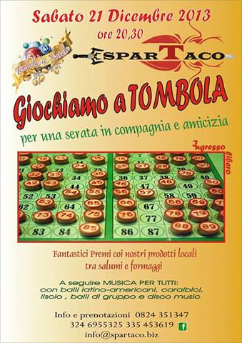 /21 DICEMBRE/ TOMBOLA DA SPARTACO!TOMBOLA DA GUINNES! PREMI SALUMI&FORMAGGI del SANNIO! /INGRESSO LIBERO!/ A SEGUIRE MUS